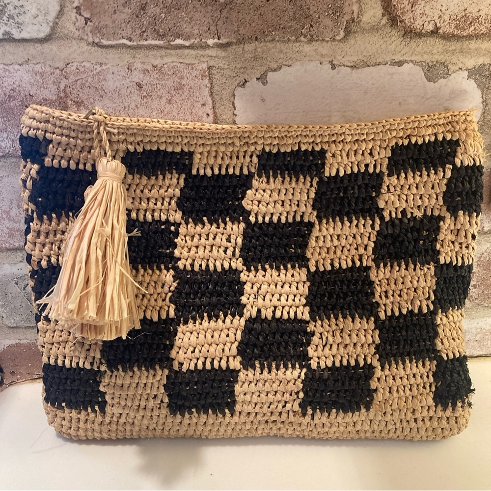 Mar Y Sol Raffia Clutch Black Checkered with Tassels 11”x8”